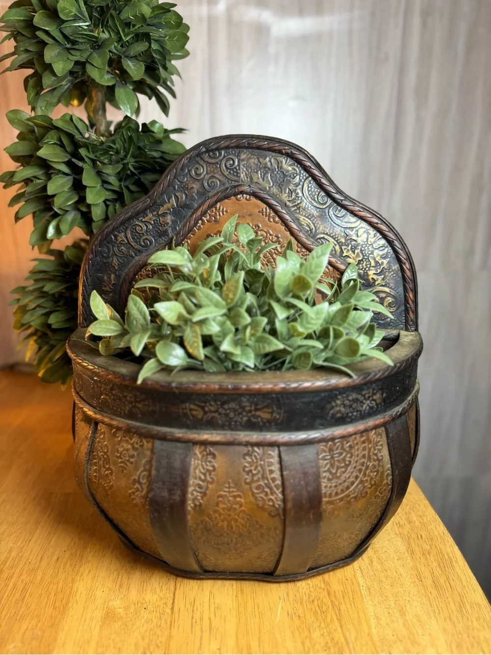 Vintage Spanish Revival Embossed Metal and Wood Wall Pocket Decor